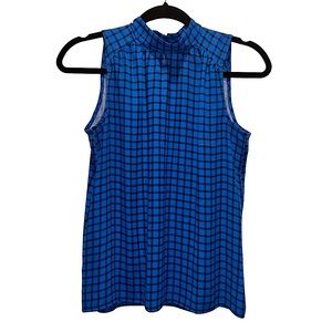 ANN TAYLOR PETITE - Blue Plaid High Neck Sleeveless Flowy Blouse